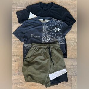 SHEIN teen boys size medium green, black, white geometric t-shirt and shorts lot